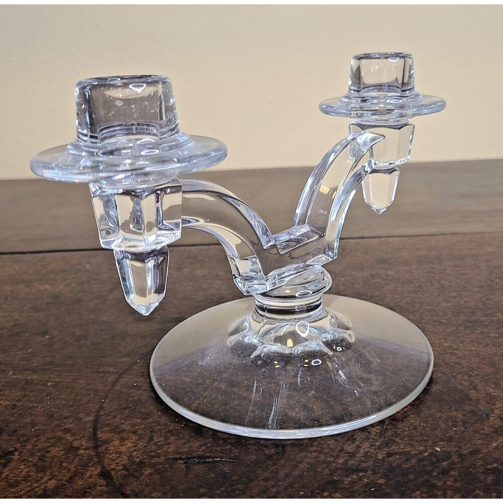 Vintage Fostoria Glass Raleigh Double Candle Holder Elegant Clear Art Deco Style
